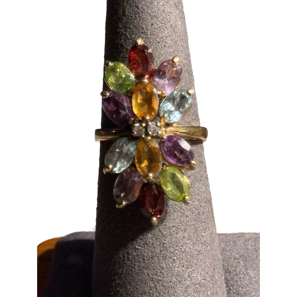 Multi Gemstone Ring Sterling Silver 925 Gold Vermeil Size 6.25 Statement Vintage